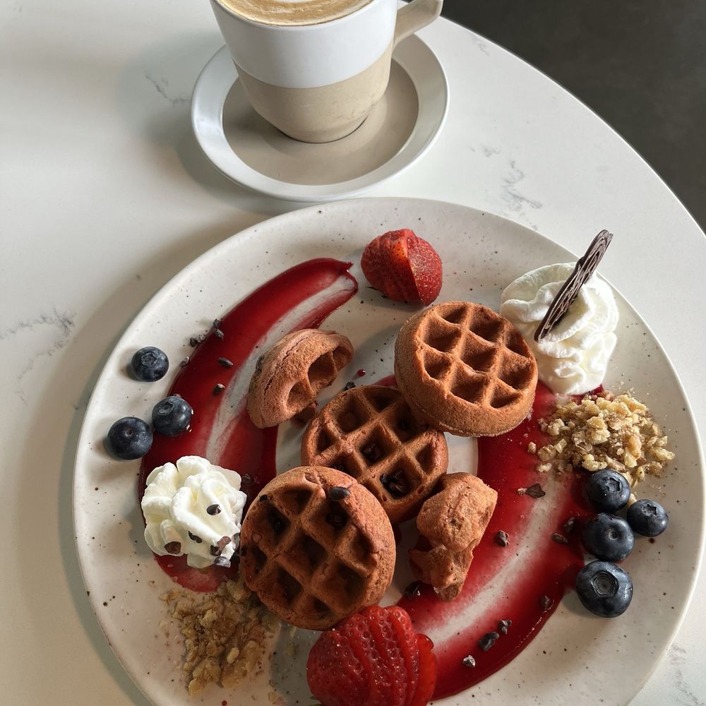 Dot Cafe - Beet Waffles + Decaf Carmel Latte - Coffee & Tea Near Me - San Diego, California Dot Cafe - Beet Waffles + Decaf Carmel Latte - Coffee & Tea Near Me - San Diego, California