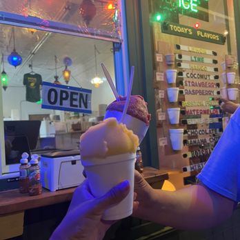 Miko's Italian Ice - Our two cups. I got a medium cup mango & hibiscus & he got a jumbo cup hibiscus & guava. You can get a single flavor or two flavors. - Shaved Ice Near Me - Chicago, Illinois Miko's Italian Ice - Our two cups. I got a medium cup mango & hibiscus & he got a jumbo cup hibiscus & guava. You can get a single flavor or two flavors. - Shaved Ice Near Me - Chicago, Illinois