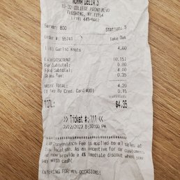 the receipt for the restaurant
