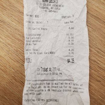 Nonna Delia's - the receipt for the restaurant - Pizza Near Me - College Point, New York