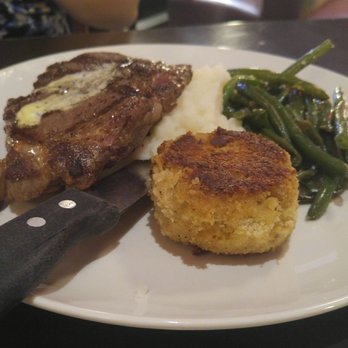 Blue Marlin - Ribeye steak, sauteed green beans, mashed potatoes + crab cake - Seafood Near Me - Columbia, South Carolina