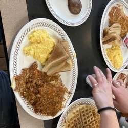 Waffle House - All star with chili on hashbrowns and peanut butter chips on it waffle