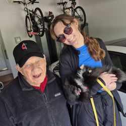 Comfort Keepers - Carissa, client Jon, and Coco the pomeranian