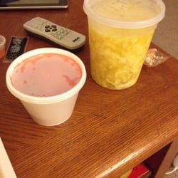 The egg drop soup and sweet and sour sauce