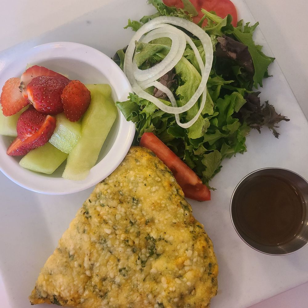 Seasonal breakfast option: broccoli Frittata with fresh fruit or salad for sides (I ordered both sides). Delicious!!