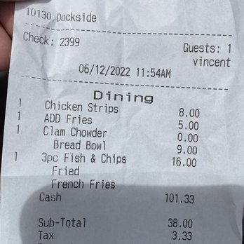 Tognazzini's Dockside Too - Receipt - Seafood Near Me - Morro Bay, California Tognazzini's Dockside Too - Receipt - Seafood Near Me - Morro Bay, California