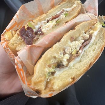 Crafted Donuts - long thin hair on bottom left of bagel egg sandwich!! - Donuts Near Me - Venice, California