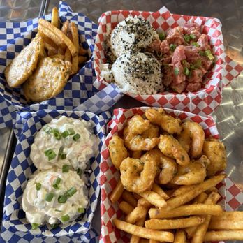 Maui Fish'n Chips - Kids fish and chips, spicy poke and rice, fried shrimp and fries, and Marconi + potato salad - Seafood Near Me - Kihei, Hawaii Maui Fish'n Chips - Kids fish and chips, spicy poke and rice, fried shrimp and fries, and Marconi + potato salad - Seafood Near Me - Kihei, Hawaii