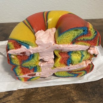 Bagel Cafe 21 - Rainbow Bagel w/ Strawberry Cream Cheese - Bagels Near Me - Richardson, Texas