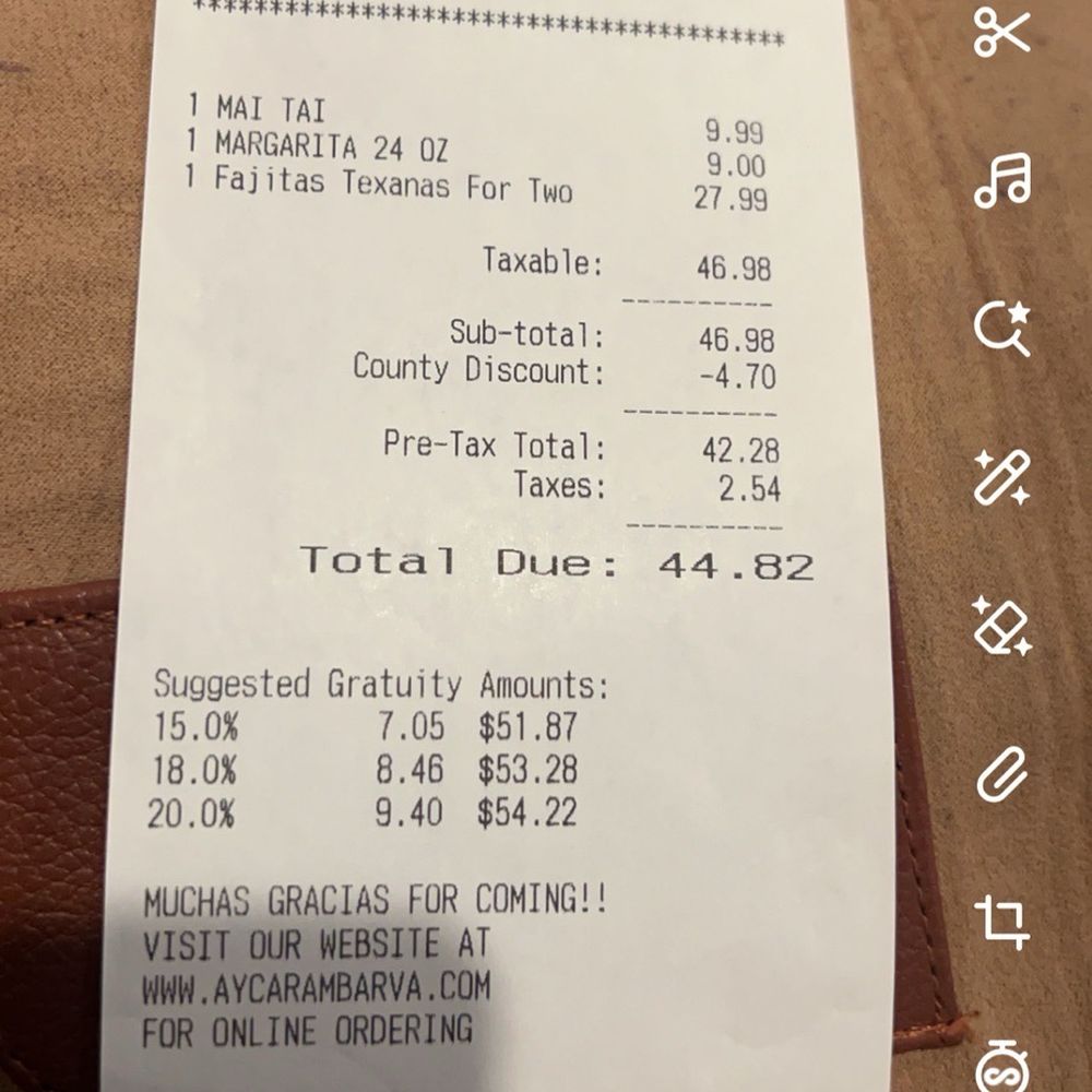 Ay Caramba - Our bill before tip but after a 10% off coupon another diner shared with us. The locals are friendly here - Mexican Near Me - Chesterfield, Virginia