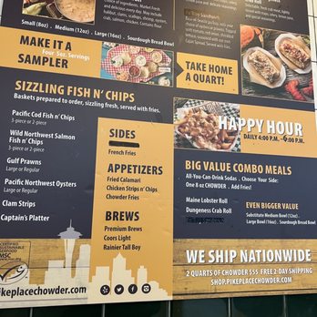 Pike Place Chowder - Regular menu and (outdated) happy hour - Seafood Near Me - Seattle, Washington Pike Place Chowder - Regular menu and (outdated) happy hour - Seafood Near Me - Seattle, Washington