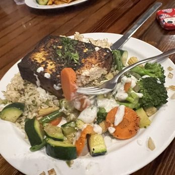 Dr Grubb's - Blackened tofu with veggies and brown rice and dill yogurt sauce. - American Near Me - Claremont, California Dr Grubb's - Blackened tofu with veggies and brown rice and dill yogurt sauce. - American Near Me - Claremont, California