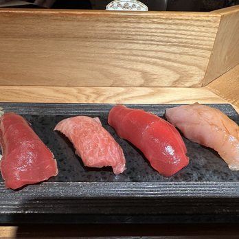 Sushi Kashiba - Tuna selection (right to left: albacore, bluefin from Spain, tuna belly, marinated bluefin from Spain) - Japanese Near Me - Seattle, Washington