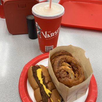 The Varsity - Chili Cheese Dog, Onion Rings, and Frosted Orange - Burgers Near Me - Atlanta, Georgia