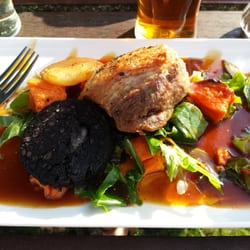 Dick Hudsons - Apple and ginger glazed pork belly with sweet potato, cabbage and black pudding. amazing!