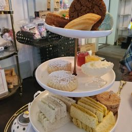 Tea Tower. Start at the bottom and work your way up. Sandwiches, scones, and dessert