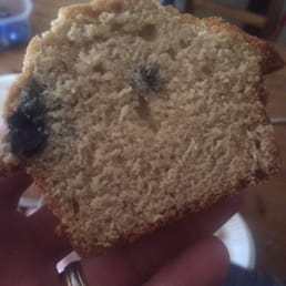 Blueberry muffin. Where are the blueberries?