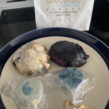 Chocolate + Vanilla Bakery - Blueberry lemon scone and Ube scone. Came with a couple of chocolate dipped Oreos - Bakeries Near Me - Honolulu, Hawaii Chocolate + Vanilla Bakery - Blueberry lemon scone and Ube scone. Came with a couple of chocolate dipped Oreos - Bakeries Near Me - Honolulu, Hawaii