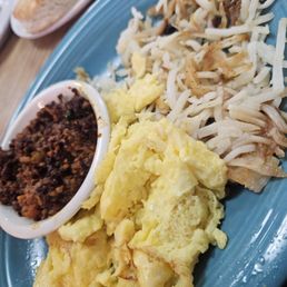 Chorizo,  scrambled eggs,  hash browns