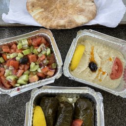 Humus, Small Shepherd Salad and stuffed grape leaves (lunch menu)