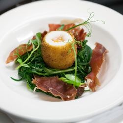 Shambles Italian Restaurant, Bar and Garden - Monks beard, new season garlic, crispy duck egg & Parma ham