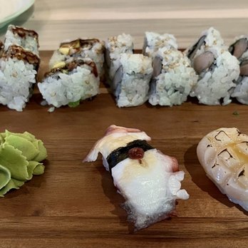 Nozomi - Top left to bottom right: eel avocado, hamachi, tako, hotate - Sushi Bars Near Me - Denver, Colorado Nozomi - Top left to bottom right: eel avocado, hamachi, tako, hotate - Sushi Bars Near Me - Denver, Colorado