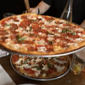 Campania Coal Fired Pizza - The Margarita with pepperoni on top and the Malzane pizza on the bottom. - Pizza Near Me - Brooklyn, New York