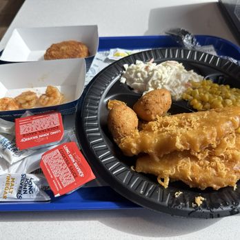 Long John Silver's - Two fish dinner, Cole slaw, corn, hush puppies, grilled shrimp, and a crab cake! - Seafood Near Me - Killeen, Texas Long John Silver's - Two fish dinner, Cole slaw, corn, hush puppies, grilled shrimp, and a crab cake! - Seafood Near Me - Killeen, Texas