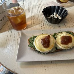 Toast with Arugula, Queso de Cabra, and Fig Jam.