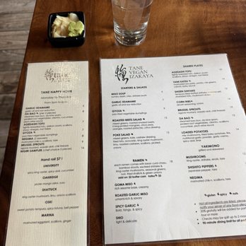 Tane Vegan Izakaya - Happy Hour food menu & regular appetizer/shared plates menu - Vegan Near Me - Berkeley, California Tane Vegan Izakaya - Happy Hour food menu & regular appetizer/shared plates menu - Vegan Near Me - Berkeley, California