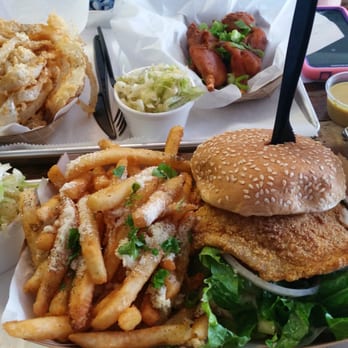 Big Ray's Fish Camp - Grouper Sandwich, Shrimp CornDogs, Tangy Coleslaw, Onion Rings and Fries with garlic and parmesan - Seafood Near Me - Tampa, Florida Big Ray's Fish Camp - Grouper Sandwich, Shrimp CornDogs, Tangy Coleslaw, Onion Rings and Fries with garlic and parmesan - Seafood Near Me - Tampa, Florida