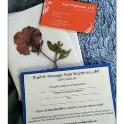 Kate Wightman, LMT - Gift Certificates available via email or handmade card.