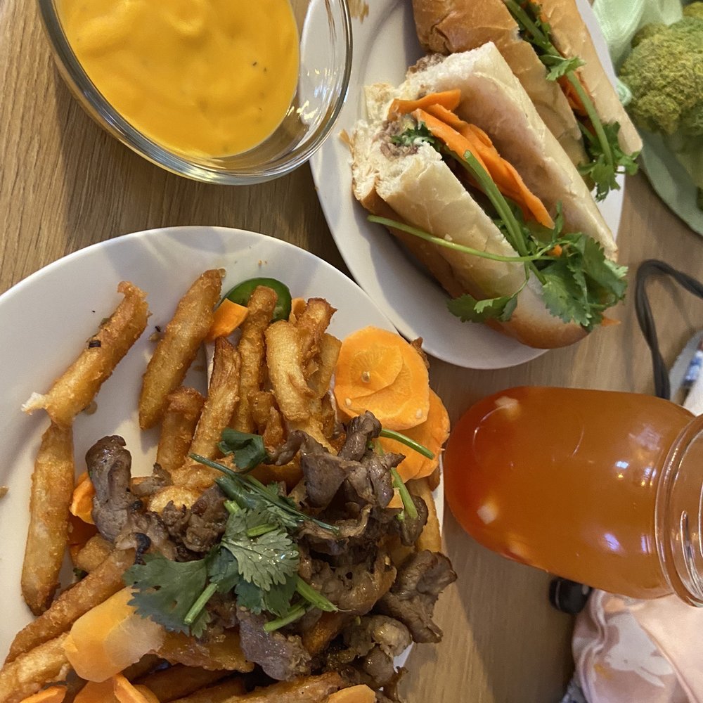 Banh mi cheese fries, brisket banh mi hoagie, bubble tea Banh mi cheese fries, brisket banh mi hoagie, bubble tea