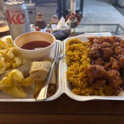 China Star - General Tso's chicken, spring rolls, an egg roll, fried rice, and sweet and sour sauce (Diet coke is my own)