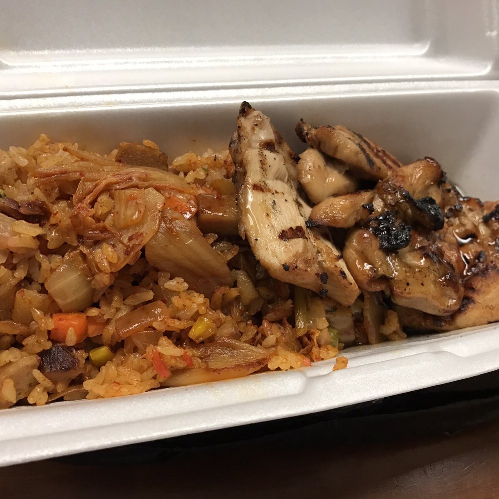 Eagle Cafe - $7.50 (cash only) mini plate kimchee fried rice and chicken yakitori. Ordered Teri beef, but got chicken by accident. - Breakfast & Brunch Near Me - Honolulu, Hawaii