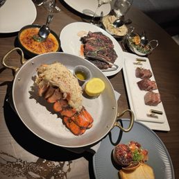 Japanese Wagyu flight , NOVA SCOTIA LOBSTER TAIL, Westholme Australian Wagyu ribeye, and CHILEAN SEABASS Japanese Wagyu flight , NOVA SCOTIA LOBSTER TAIL, Westholme Australian Wagyu ribeye, and CHILEAN SEABASS