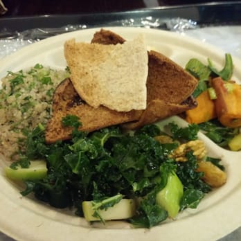 Sassool - Ethnosh March 2015 sampler plate: hummus, kale salad with apples & nuts, quinoa, grilled sweet potatoes, pita bread. Delicious! - Lebanese Near Me - Raleigh, North Carolina