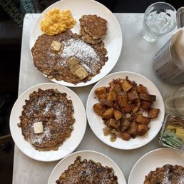 2x2x2 - og griddle cakes, sausage and eggs; home fries; blueberry griddle cake, banana griddle cake, chocolate chip griddle cake 2x2x2 - og griddle cakes, sausage and eggs; home fries; blueberry griddle cake, banana griddle cake, chocolate chip griddle cake