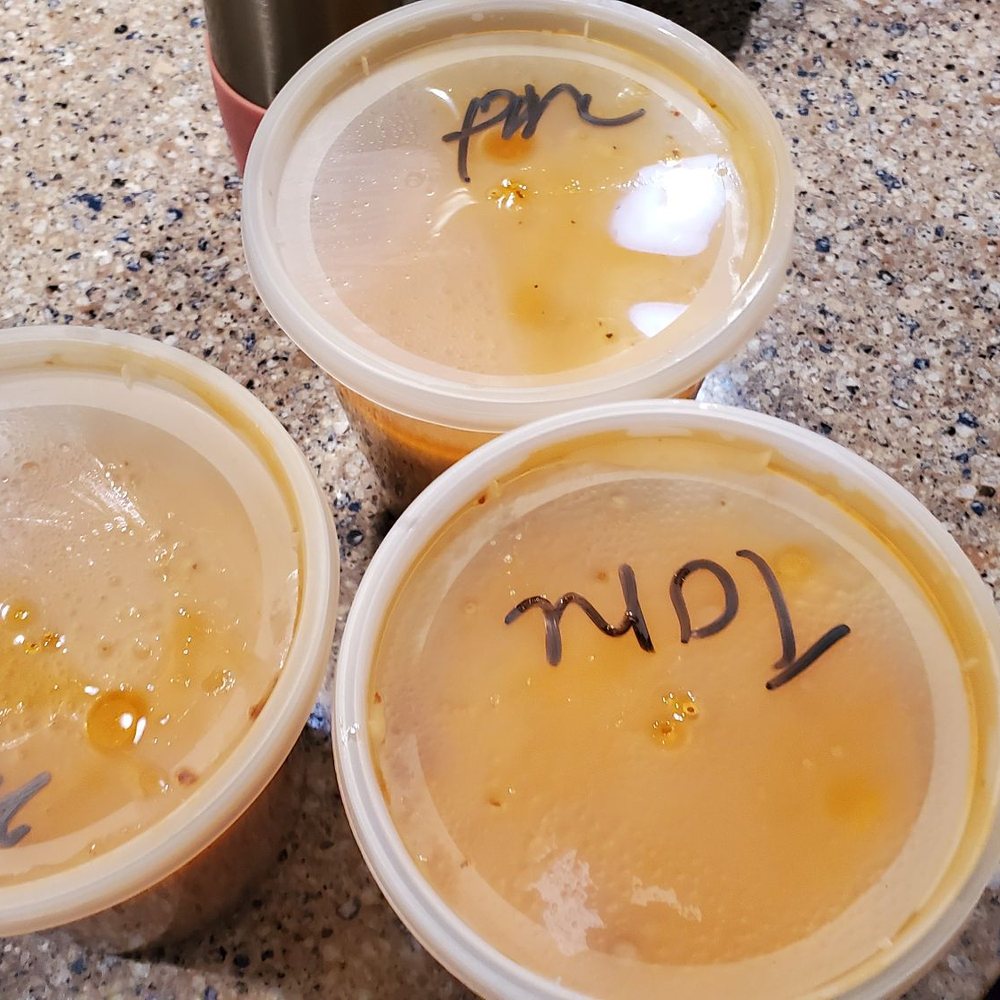 Ramen 101 - All three soup broths packaged separately and marked Tonkatsu, Pork Rib and Miso. - Ramen Near Me - Dublin, California
