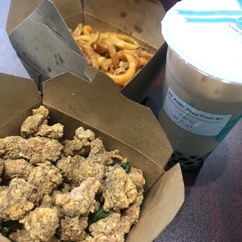 T4 - Basil popcorn chicken, curly fries and Royal fresh milk tea. - Bubble Tea Near Me - Keizer, Oregon