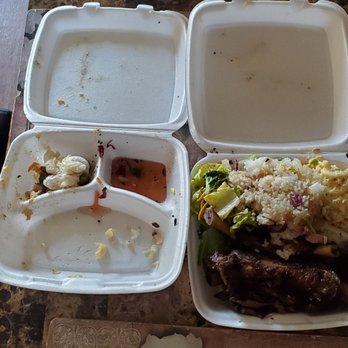 Matiki Island BBQ - Big "empty" Kahuna plate on left. Sam's plate on right. - Hawaiian Near Me - Anaheim, California