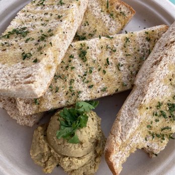 Peace Café - Garlic Bread with a dollop of Cilantro Hummus,  11.14.2022. - Vegan Near Me - Honolulu, Hawaii