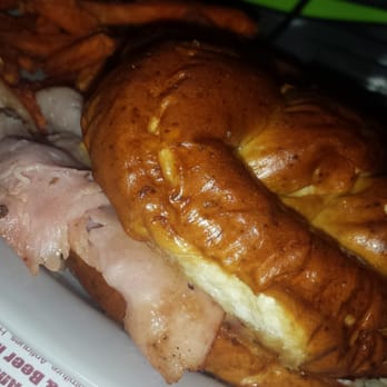 Weezy's - Ham and cheese on a pretzel bun with sweet potato fries - Bars Near Me - Hamel, Illinois Weezy's - Ham and cheese on a pretzel bun with sweet potato fries - Bars Near Me - Hamel, Illinois