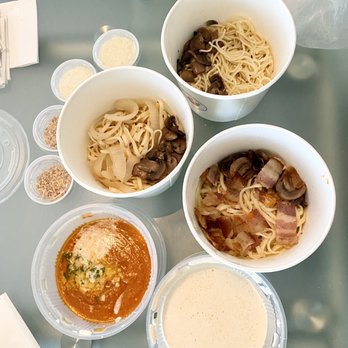 Mio Pastalogy - Aurora w/spaghetti & mushroom, Panna w/linguine & bacon/mushroom, & Agilo e Ole w/linguine & mushroom/onions. Fried garlic & Parmesan. - Italian Near Me - Honolulu, Hawaii Mio Pastalogy - Aurora w/spaghetti & mushroom, Panna w/linguine & bacon/mushroom, & Agilo e Ole w/linguine & mushroom/onions. Fried garlic & Parmesan. - Italian Near Me - Honolulu, Hawaii