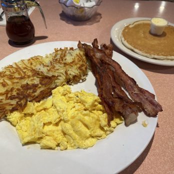 Flames Coffee Shop - Classic Breakfast with scrambled eggs, bacon, hash browns, and a pancake. - American Near Me - San Jose, California