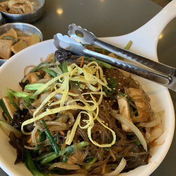 Tofu Plus - Tofu japchae- lots of pan fried tofu, wood ear mushroom, sliced onion, green onions, carrot, topped with egg ribbons. - Korean Near Me - Cupertino, California