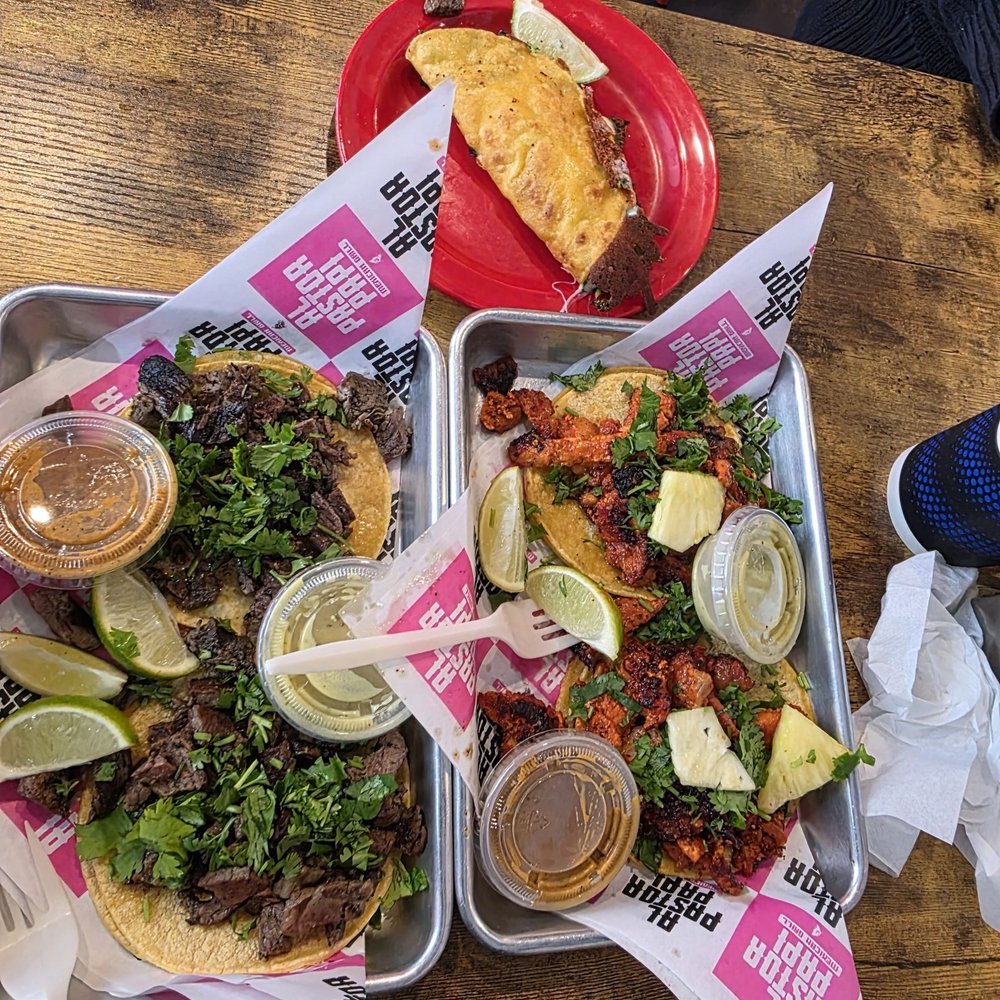 Al pastor tacos, asada tacos and crispy cheese taco Al pastor tacos, asada tacos and crispy cheese taco