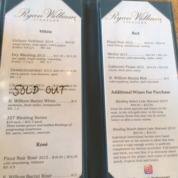 Ryan William Vineyard - Tasting List as of September 2016 - Wine Tasting Room Near Me - Burdett, New York Ryan William Vineyard - Tasting List as of September 2016 - Wine Tasting Room Near Me - Burdett, New York