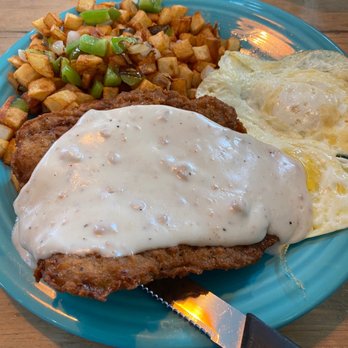 Maniac-Mikes Cafe - Chicken fried steak and eggs with home potatoes. - New American Near Me - Upland, California