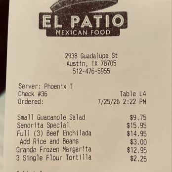 El Patio - Bill for 2 - Tex-Mex Near Me - Austin, Texas El Patio - Bill for 2 - Tex-Mex Near Me - Austin, Texas